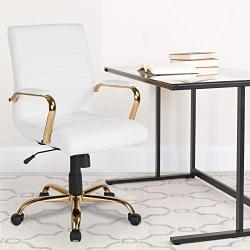 Flash Furniture Mid-Back White LeatherSoft Executive Swivel Office Chair with Gold Frame and Arms