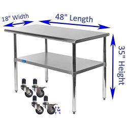 AmGood Stanless Steel Work Table with Casters | Mobile Metal Table (Stainless Steel Work Table + Casters, 48'' Long x 18'' Deep)