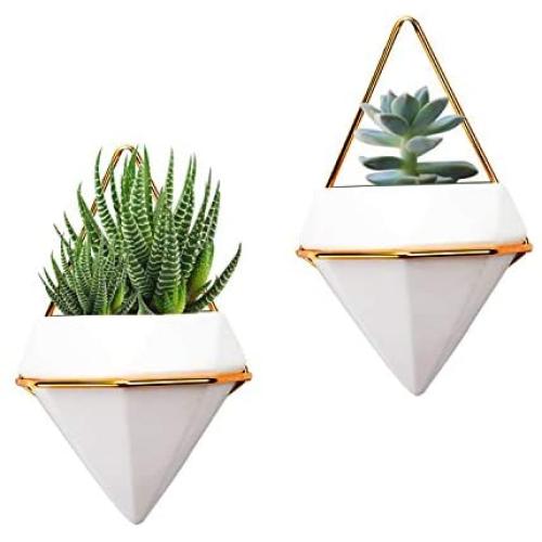 2 Pack Hanging Planter Vase Geometric Wall Decor Ceramic Container Wall Planters Hanging with Metal Frame for Succulent Plants Air Plant Mini Cactus Faux Plants (Small, White+Gold)