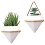 2 Pack Hanging Planter Vase Geometric Wall Decor Ceramic Container Wall Planters Hanging with Metal Frame for Succulent Plants Air Plant Mini Cactus Faux Plants (Small, White+Gold)