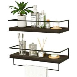 ZGO Floating Shelves for Wall Set of 2, Wall Mounted Storage Shelves with Metal Frame and Towel Rack for Bathroom, Kitchen, Bedroom