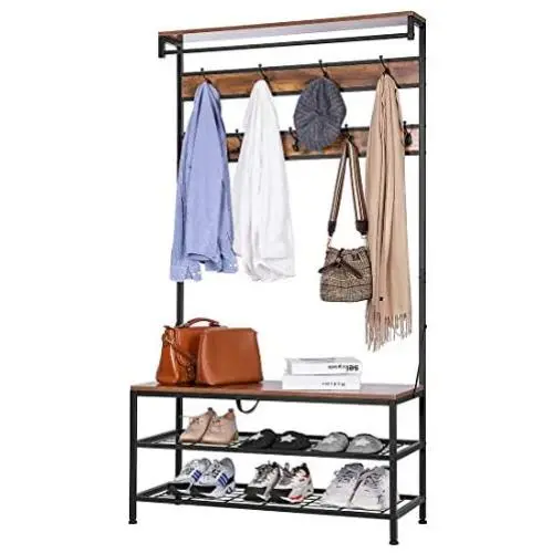 VIVOHOME 5-in-1 Entryway Hall Tree, Industrial Stand Organizer with Shoe Bench, Vintage MDF Wood Furniture with Stable Metal Frame VIVOHOME 5-in-1 Entryway Hall Tree, Industrial Stand Organizer with Shoe Bench, Vintage MDF Wood Furniture with Stable Metal Frame