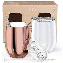 Stainless Steel Stemless Wine Tumbler - THILY 12 oz Vacuum Insulated Travel Cup Set with Sliding Lid and Metal Straw, for Coffee, Cocktails, Christmas Gifts, 2 Pack(Rose Gold + White)