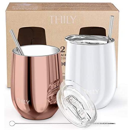 Stainless Steel Stemless Wine Tumbler - THILY 12 oz Vacuum Insulated Travel Cup Set with Sliding Lid and Metal Straw, for Coffee, Cocktails, Christmas Gifts, 2 Pack(Rose Gold + White)