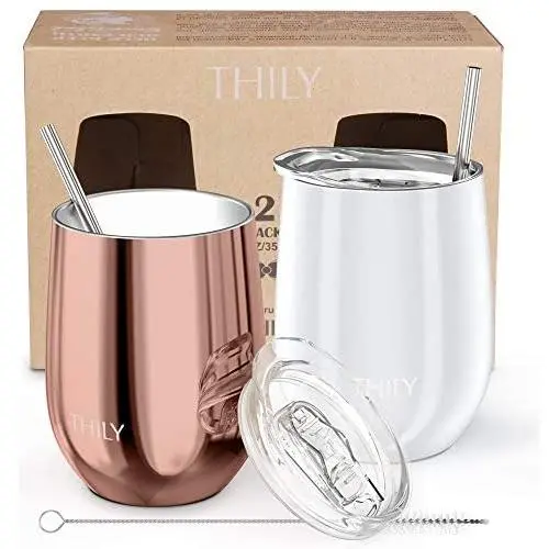 Stainless Steel Stemless Wine Tumbler - THILY 12 oz Vacuum Insulated Travel Cup Set with Sliding Lid and Metal Straw, for Coffee, Cocktails, Christmas Gifts, 2 Pack(Rose Gold + White) Stainless Steel Stemless Wine Tumbler - THILY 12 oz Vacuum Insulated Travel Cup Set with Sliding Lid and Metal Straw, for Coffee, Cocktails, Christmas Gifts, 2 Pack(Rose Gold + White)