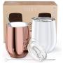 Stainless Steel Stemless Wine Tumbler - THILY 12 oz Vacuum Insulated Travel Cup Set with Sliding Lid and Metal Straw, for Coffee, Cocktails, Christmas Gifts, 2 Pack(Rose Gold + White)