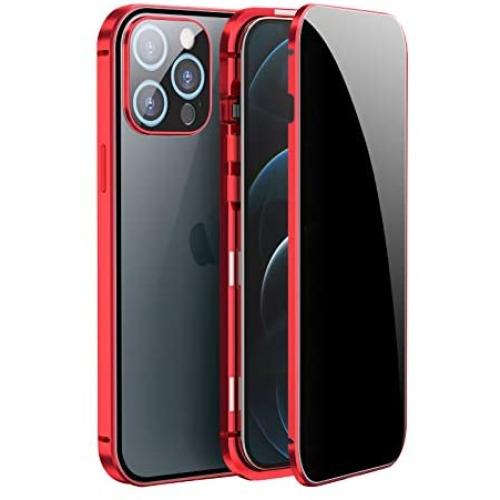 Jonwelsy Anti Peeping Case for iPhone 12 Pro Max (6.7 Inch), Double-Sided Anti Spy Tempered Glass Privacy, 360 Degree Protection Cover, Magnetic Adsorption Metal Bumper for iPhone 12 PM (Red)