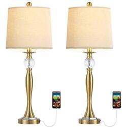 BOBOMOMO USB Metal Crystal Table Lamp 28 Set of 2 Modern Living Room Bedroom Nightstand Bedside Desk Lamp(Gold)