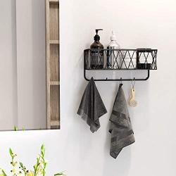 OROPY Entryway Mail Holder with Key Hooks, 10.8'' L×3.1'' W×6.1'' H, Wall Mounted Matte Black Metal Wire Mesh Storage Basket with 5 Hooks, Easy to Organize Letters, Magazines, Keys, Leashes for Entryway