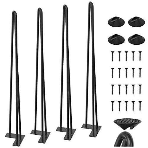 WINSOON Industrial Iron Hairpin Table Legs 34 Inch Set of 4 Pack Metal Bench Legs for Furniture feet Wooden Desk Legs Hair Pin Design (34 Inch 3-Rod Black)