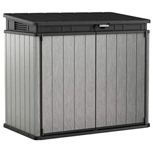 Keter Elite Store 4.6 x 2.7 Foot Resin Outdoor Storage Shed with Easy Lift Hinges, Perfect for Trash Cans, Yard Tools, and Pool Toys, ft, Grey & Black Keter Elite Store 4.6 x 2.7 Foot Resin Outdoor Storage Shed with Easy Lift Hinges, Perfect for Trash Cans, Yard Tools, and Pool Toys, ft, Grey & Black