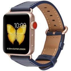 JSGJMY Compatible with Apple Watch Band 38mm 40mm 42mm 44mm Women Men Genuine Leather Replacement Strap for iWatch Series SE 6 5 4 3 2 1 (Navy with Series 5/4/3 Rose Gold Clasp, 38mm/40mm S/M)