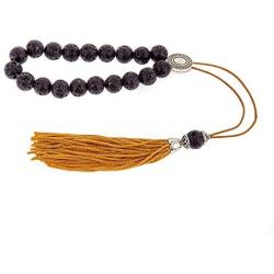 Black Lava Stone, Handmade Greek Worry Beads or Komboloi with Alpaca Metal Parts on Pure Silk Cord & Tassel, Length 33cm (13)