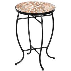 VINGLI Mosaic Outdoor Side Table, 14'' Round End Table, Accent Table, Plant Stand Ideal for Pool Side, Porch, Patio, Deck or Sofa Side, Glass Top Black Iron, Golden Yard