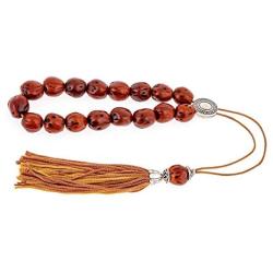 Tan Nutmeg Seed, Handmade Greek Worry Beads or Komboloi with Alpaca Metal Parts on Pure Silk Cord & Tassel, Length 34cm (13.4)