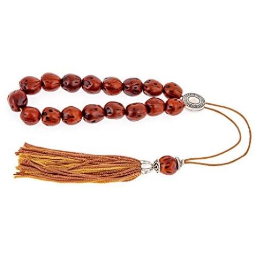 Tan Nutmeg Seed, Handmade Greek Worry Beads or Komboloi with Alpaca Metal Parts on Pure Silk Cord & Tassel, Length 34cm (13.4)