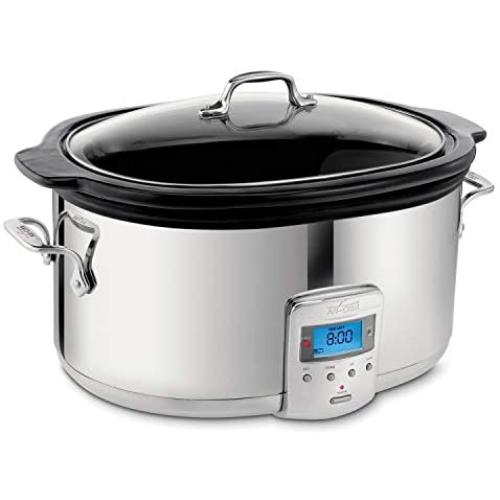 All-Clad SD700450 Programmable Oval-Shaped Slow Cooker with Black Ceramic Insert and Glass Lid, 6.5-Quart, Silver