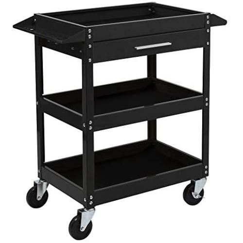 TUFFIOM 3 Tier Rolling Tool Cart, 330 LBS Capacity Industrial Service Cart, Heavy Duty Steel Utility Cart, Tool Organizer with Drawer, Perfect for Garage, Warehouse & Repair Shop (Black)