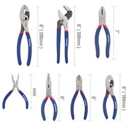 WORKPRO 7-piece Pliers Set (8-inch Groove Joint Pliers, 6-inch Long Nose, 6-inch Slip Joint, 4-1/2 Inch Long Nose, 6-inch Diagonal, 7-inch Linesman, 8-inch Slip Joint) for DIY & Home Use