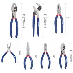 WORKPRO 7-piece Pliers Set (8-inch Groove Joint Pliers, 6-inch Long Nose, 6-inch Slip Joint, 4-1/2 Inch Long Nose, 6-inch Diagonal, 7-inch Linesman, 8-inch Slip Joint) for DIY & Home Use