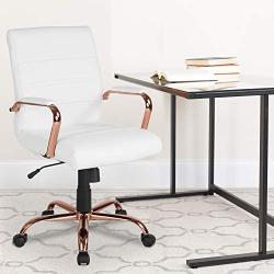 Flash Furniture Mid-Back White LeatherSoft Executive Swivel Office Chair with Rose Gold Frame and Arms