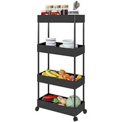 Slim Storage Cart 4 Tier Shelf Rolling Cart Storage Shelves Corner Organizer Metal Storage Racks (Black)