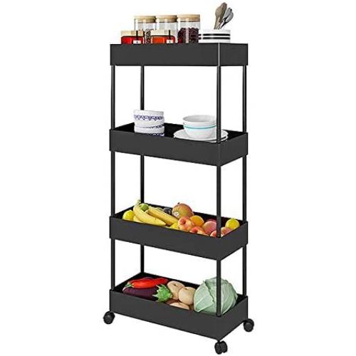 Slim Storage Cart 4 Tier Shelf Rolling Cart Storage Shelves Corner Organizer Metal Storage Racks (Black)