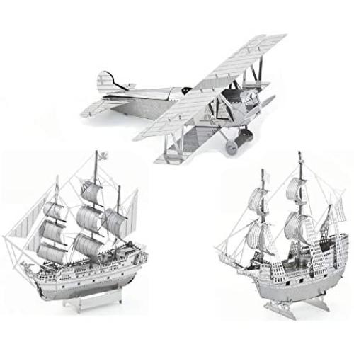 3D Metal Puzzle Models of Fokker D. VII Airplane, Black Pearl Ship and Mayflower Ship - Toy 3D Puzzle – 3 Pack