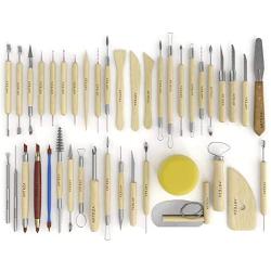 Arteza Pottery & Polymer Clay Tools, 42-Piece Sculpting Set, Steel Tip Tools with Wooden Handles, for Pottery Modeling, Smoothing, Carving & Ceramics