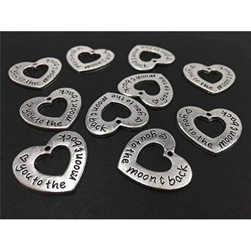 Yansanido Pack of 10 Alloy Silver You to The Moon Back Heart Shape DIY Antique Message Charms Pendant for Making Bracelet and Necklace (You to The Moon Back)