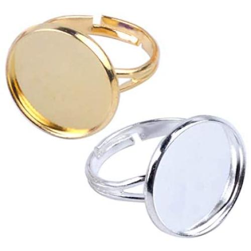 Jdesun 20 Pieces Ring Blanks with 16mm Adjustable Ring Bases, Metal Round Finger Ring Trays, Gold and Silver Plated