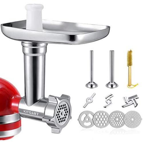 Metal Food Grinder Attachments for KitchenAid Stand Mixers, Meat Grinder, Sausage Stuffer Includes Two Sausage Stuffer Tubes, Durable Perfect Attachment for KitchenAid Mixers, Sliver