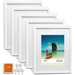 CAVEPOP 11x14 White Picture Frame with Mat Set of 5, Made to Display 11x 14” Without Mat, 8 x 10 with Mat - Large Wall Hanging Photo Frames, Collage Picture Frame Sets