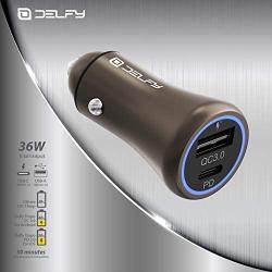 Delfy Tropo Metal - Fast Dual Car Charger - 2 Ports USB-A QC 3.0 USB-C PD 3.0-36W Quick Charge Power Adapter - Circuit Protection - iPhone 11/11 Pro/11 Pro Max/XS/XR/X/8, iPad Pro/Air/Mini, Samsung