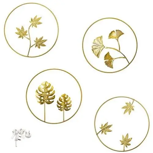Tinsow 9.5 Inch Iron Wall Sculptures,Gold Metal Ginkgo, Maple, Monstera Leaf Wall Decor Round Wall Ornaments,Easy Installation Great for Bedroom Hanging Parts Hotel Wall Decoration (Gold, 4)