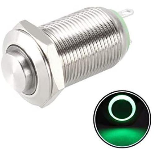 uxcell Latching Metal Push Button Switch High Head 12mm Mounting Dia 1NO 12V Green LED Light