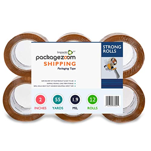 PackageZoom Packing Tape - Tan Brown 12 Rolls x 55 Yd. 2'' Wide, 1.9mil Heavy Duty Sealing Adhesive for Boxes, Shipping, Moving, Packaging, Office, Storage, Tape Gun Refills