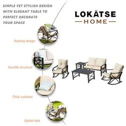 LOKATSE HOME 5Pcs Patio Furniture Conversation Bistro Sets Loveseat and 2 Coffee Table, Khaki