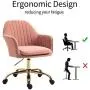 HOMHUM Modern Velvet Home Office Computer Desk Task Chair with Wheels, Mid-Back Adjustable Swivel with Arms Chair, Pink Vanity Chair with Gold Metal Base
