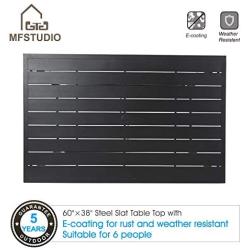 MFSTUDIO 7-Piece Metal Outdoor Patio Dining Bistro Set with 6 Striped Armrest Chairs and Steel Frame Slat Larger Rectangular Table, 60'' x 38''x28'' Table and 6 Backyard Garden Chairs-Black