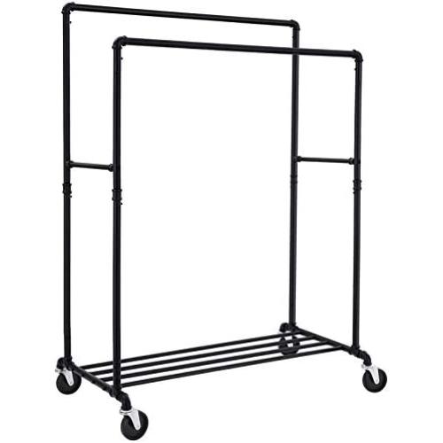 SONGMICS Industrial Pipe Clothes Rack Double Rail on Wheels with Commercial Grade Clothing Hanging Rack Organizer for Garment Storage Display, Black UHSR60B