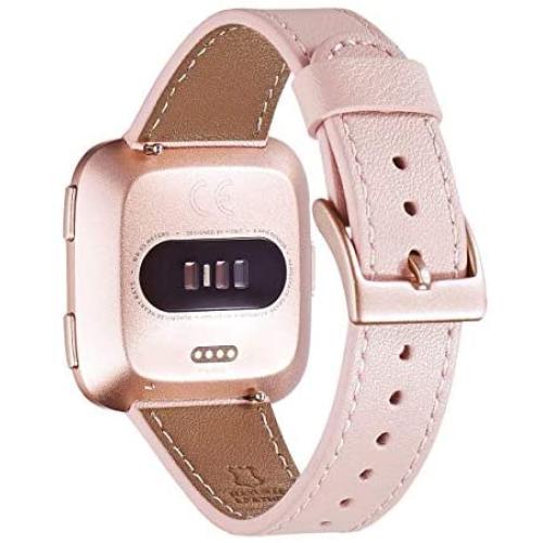 WFEAGL For Versa Band, Top Grain Leather Band Replacement Strap for Versa /Versa 2 /Versa Lite /Versa SE Fitness Smart Watch(Pink Band+Rose Gold Buckle)