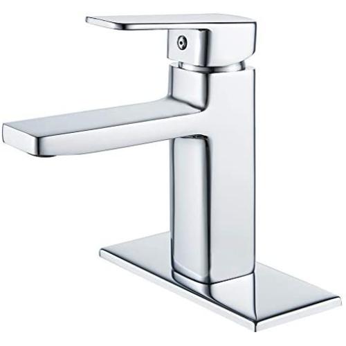 Chrome Bathroom Faucet Single Hole Modern Square Single Hole Bathroom Sink Faucet with Metal Drain Assembly and Faucet Supply Lines Lavatory Faucet