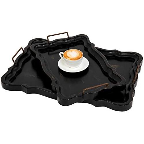 MyGift Set of 2 Rustic Black Brown European Vintage Style Wood Serving Trays/Platters with Metal Handles