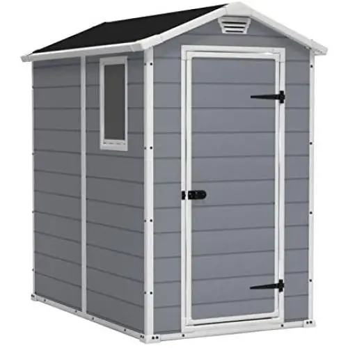 KETER Manor 4x6 Resin Outdoor Storage Shed Kit-Perfect to Store Patio Furniture, Garden Tools Bike Accessories, Beach Chairs and Lawn Mower, Grey & White KETER Manor 4x6 Resin Outdoor Storage Shed Kit-Perfect to Store Patio Furniture, Garden Tools Bike Accessories, Beach Chairs and Lawn Mower, Grey & White