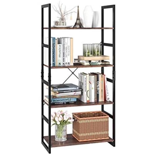 Homfa Bookshelf Rack 4 Tier Vintage Bookcase Shelf Storage Organizer Modern Wood Look Accent Metal Frame Furniture Home Office