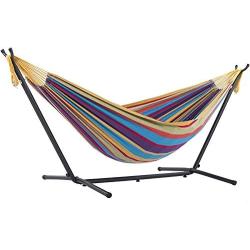 Vivere Double Cotton Hammock with Space Saving Steel Stand, Tropical (450 lb Capacity - Premium Carry Bag Included)