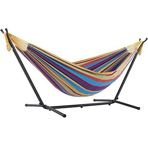 Vivere Double Cotton Hammock with Space Saving Steel Stand, Tropical (450 lb Capacity - Premium Carry Bag Included)