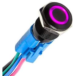 ESUPPORT 22mm 12V 5A Car Purple LED Light Angel Eye Metal Push Button Switch ON OFF Socket Plug Latching Black Shell