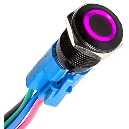 ESUPPORT 22mm 12V 5A Car Purple LED Light Angel Eye Metal Push Button Switch ON OFF Socket Plug Latching Black Shell